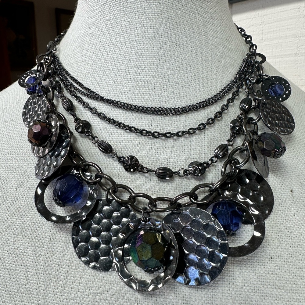 Feminine industrial style blue bead and dangle necklace